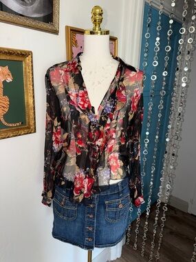 Vintage Y2K Silk Sheer Floral Button-Front Blouse - Black Red Floral